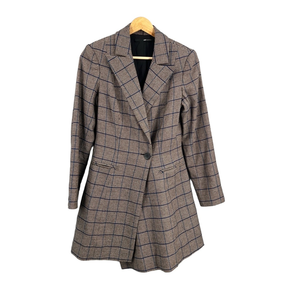 Jay Godfrey Plaid Longline Blazer Jacket Brown Check Lined Wool Blend XS/S‎ est